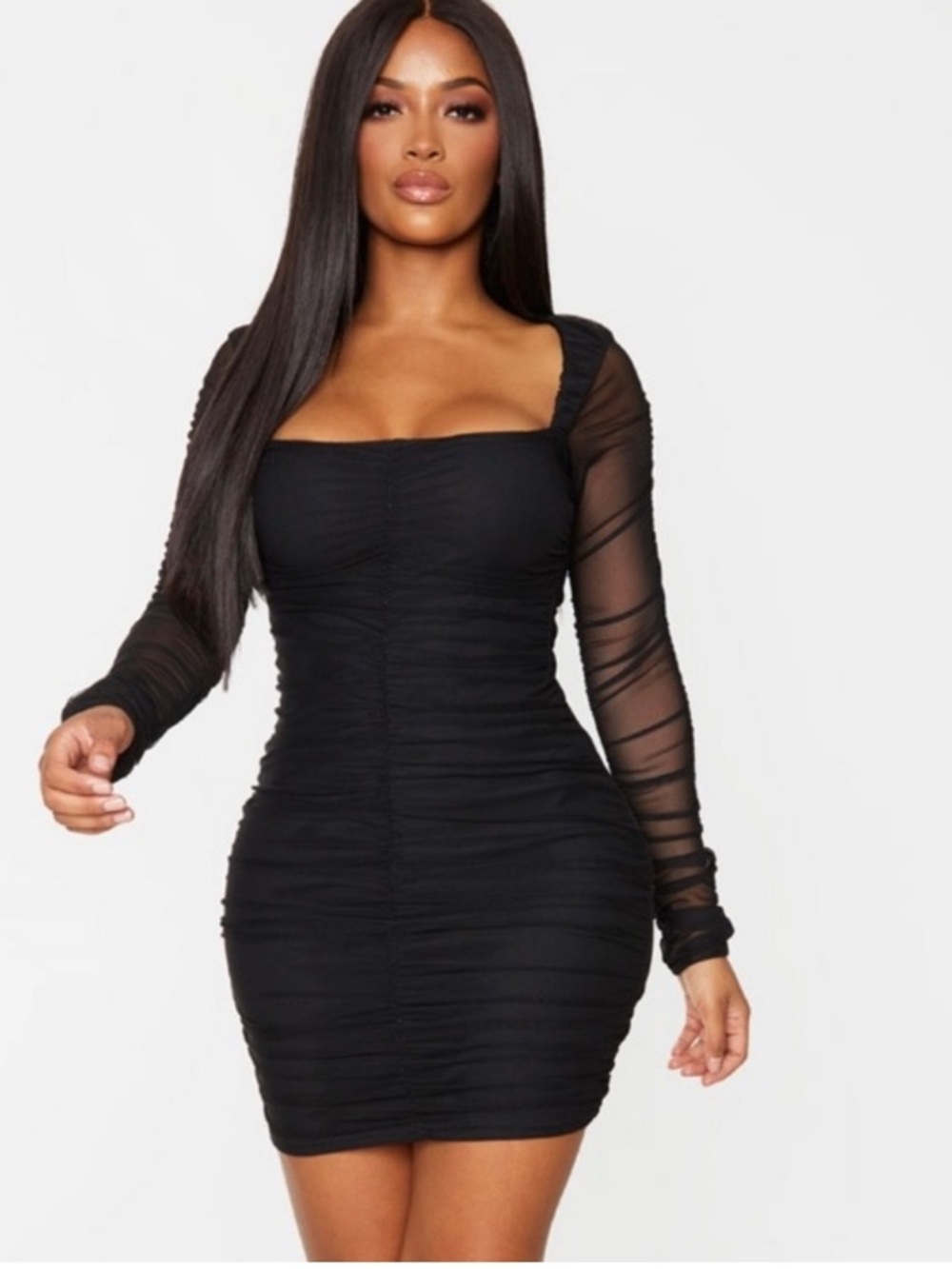 Prettylittlething Black Long Sleeve Square Neck Sheer Mesh Ruched Dress Size 14